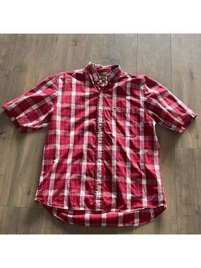 Timberland Men's Short Sleeve Button Down Shirt Sz L Red White Plaid Cotton EUC